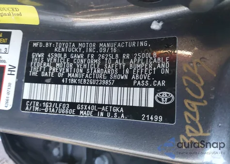 2016 Toyota Avalon Xle Plus z USA, uszkodzony, nr VIN 4T1BK1EB2GU239857